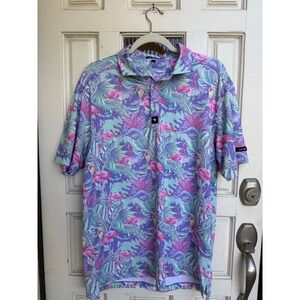 Bad Birdie Mens Flamingo Tropical Golf Polo Shirt Purple Teal Pink Size Large L